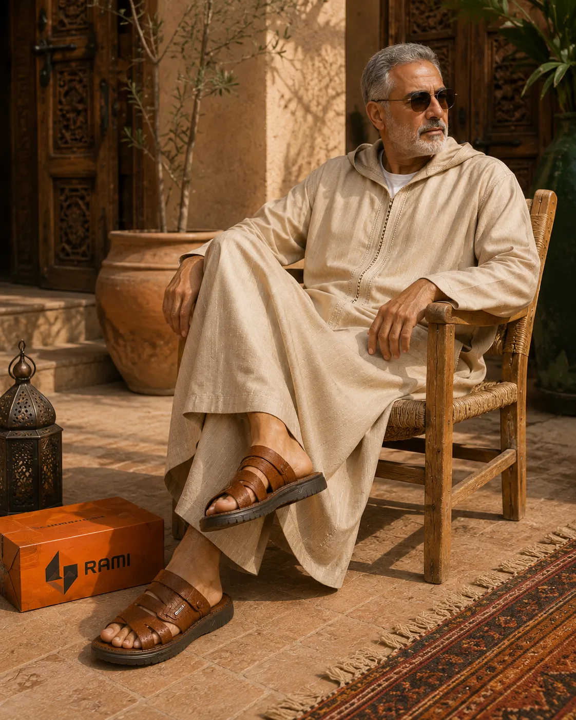 Homme marocain en djellaba portant une sandale RamiWear