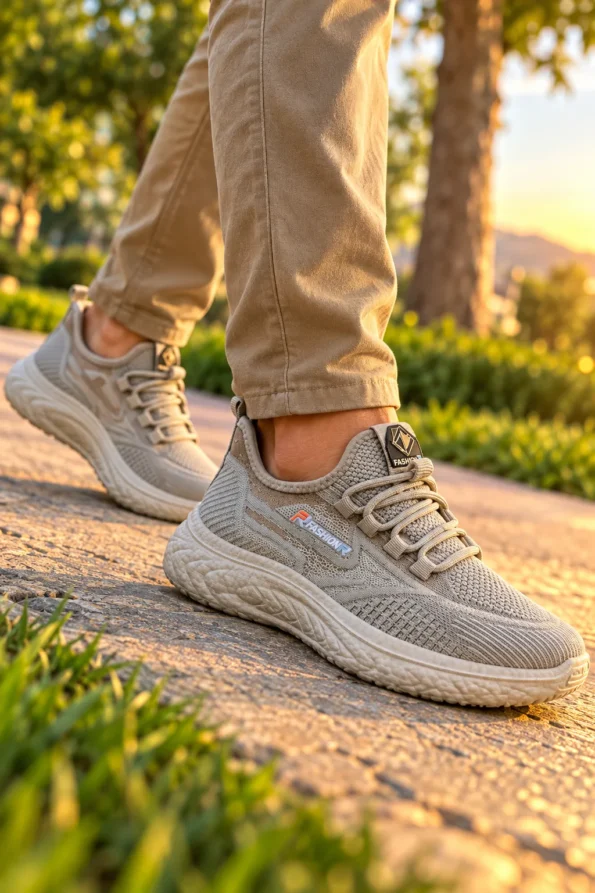 Basket Rami Flex beige portée dans un parc